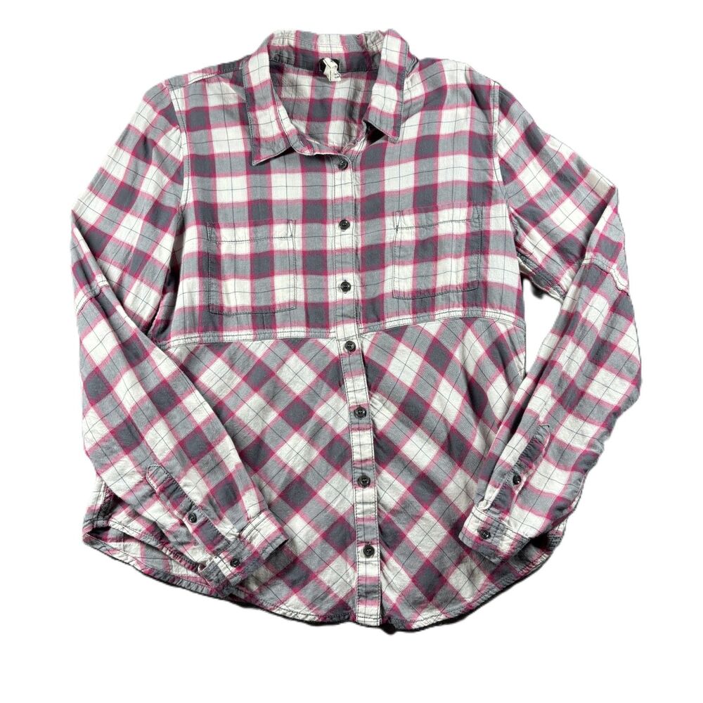 Free People We the Free Women Button Top Plaid Swing Pink Grey Medium P199